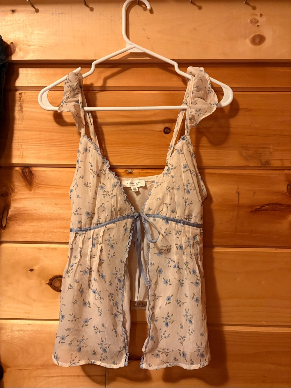 Delicate Cream Floral Tie-Front Camisole with Blue Trim